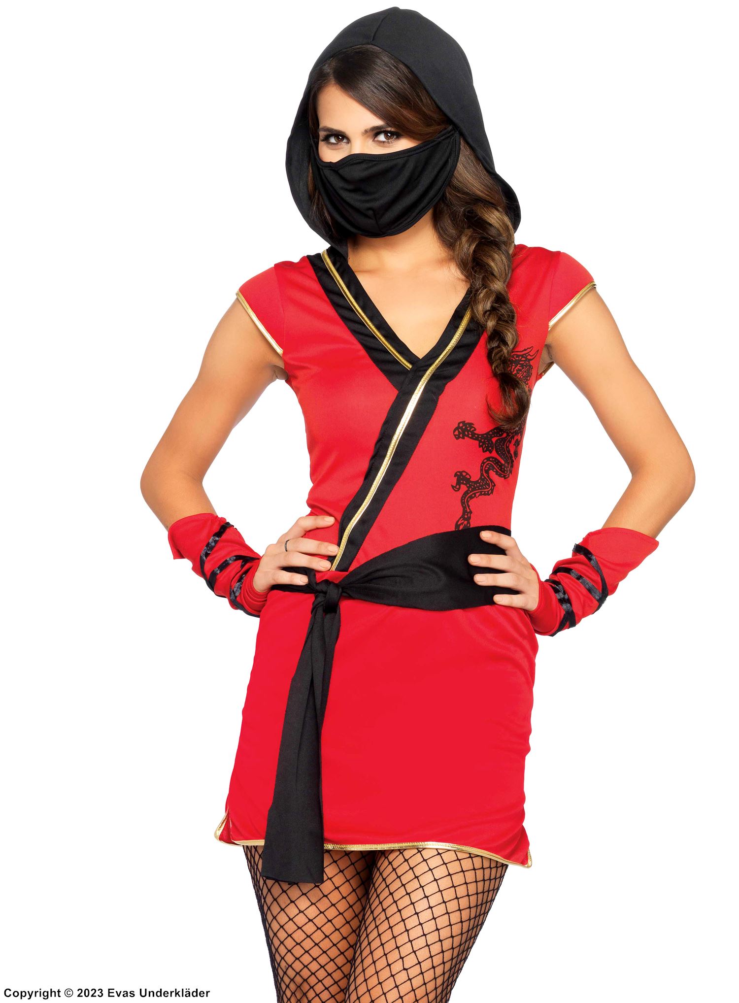 Kvinnelig ninja (også kjent som kunoichi), kostyme-kjole, hette, sløyfebånd, drage